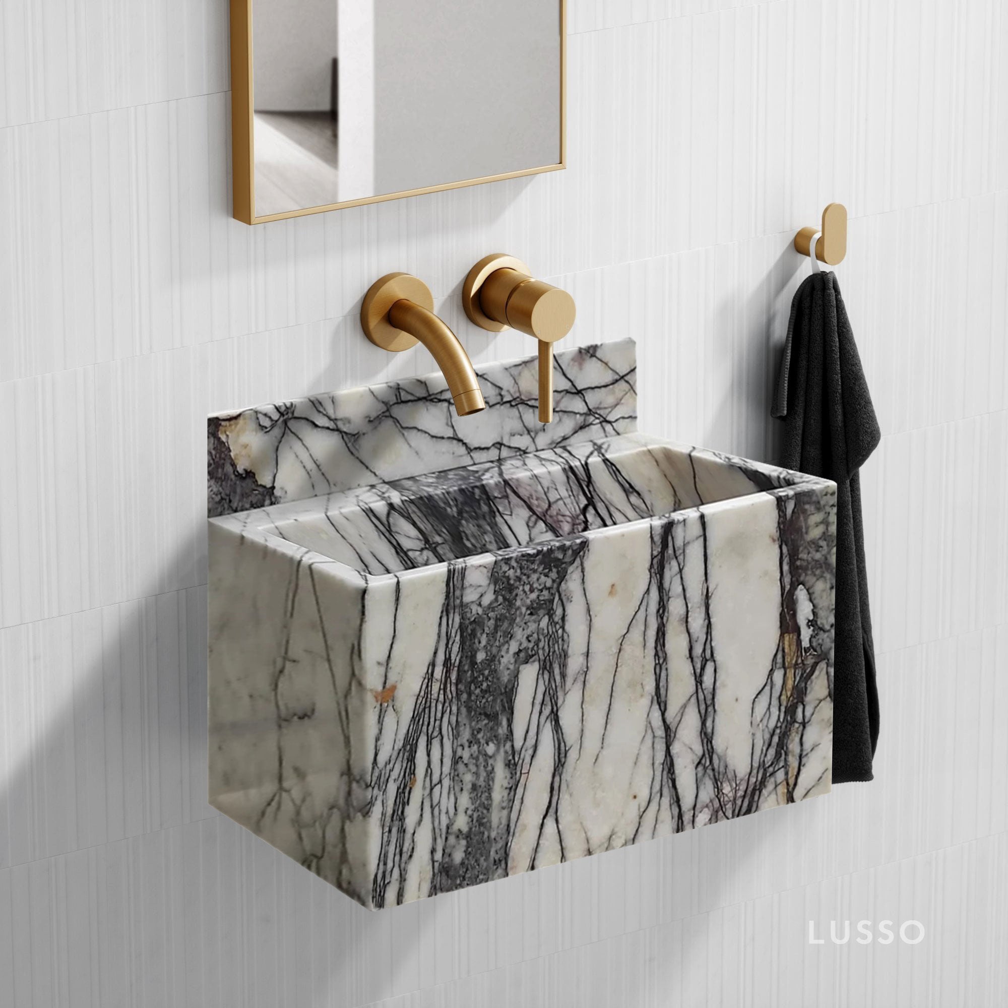 New York Marble Wall-Mount Bathroom Sink with Backsplash (W)16" (L)24"