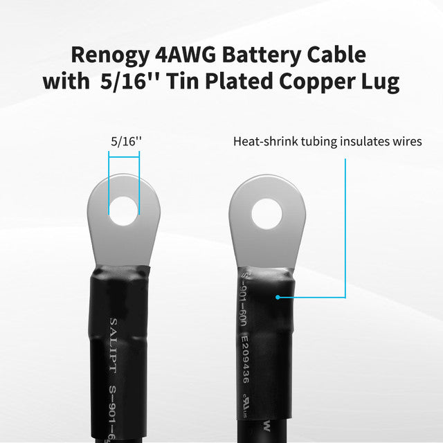Renogy RNG-BatteryCb-12in-4 - 12In 4AWG Copper Battery Interconnect Cable for 5/16 in Lugs