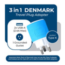 Adaptador de viaje para Dinamarca - 3 en 1 - 2 USB - Tipo K - Diseño compacto (U2U-20)