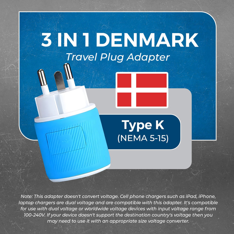 Adaptador de viaje para Dinamarca - 3 en 1 - 2 USB - Tipo K - Diseño compacto (U2U-20)