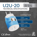 Adaptador de viaje para Dinamarca - 3 en 1 - 2 USB - Tipo K - Diseño compacto (U2U-20)