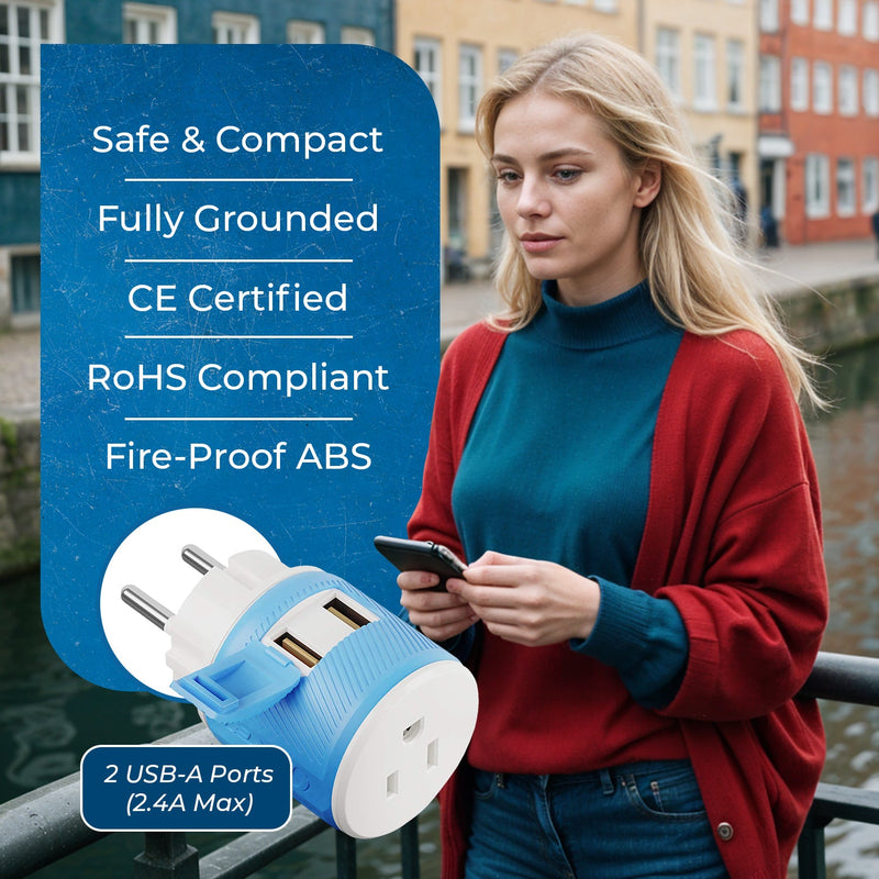Adaptador de viaje para Dinamarca - 3 en 1 - 2 USB - Tipo K - Diseño compacto (U2U-20)