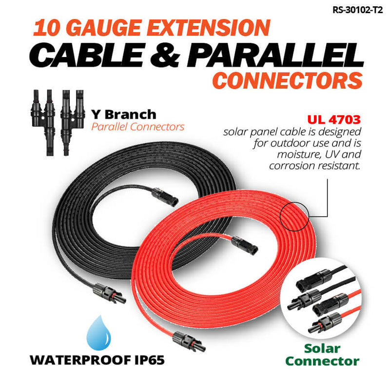 Rich Solar 10 Gauge Solar Panel Extension Cable with Male and Female Solar Connector Ends | 50 Feet Red & Black (Set) + Parallel Connectors