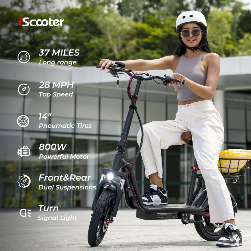 Patinete eléctrico iScooter i14 de 800 W con asiento y cesta para adultos