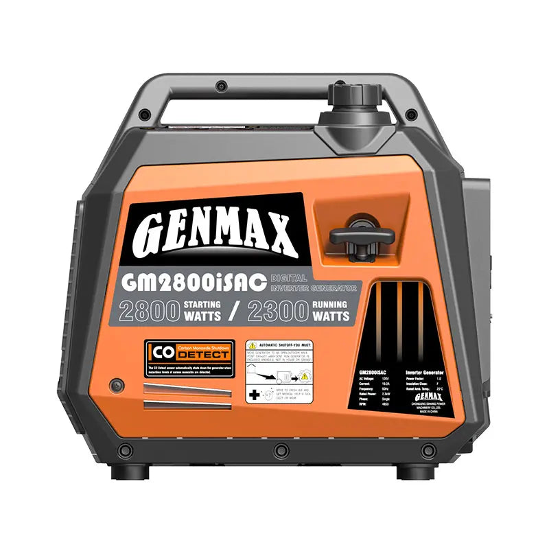 Generador inversor portátil Genmax GM2800iSAC de 2800 W, motor a gas ultrasilencioso, con sensor de CO y capacidad de conexión en paralelo