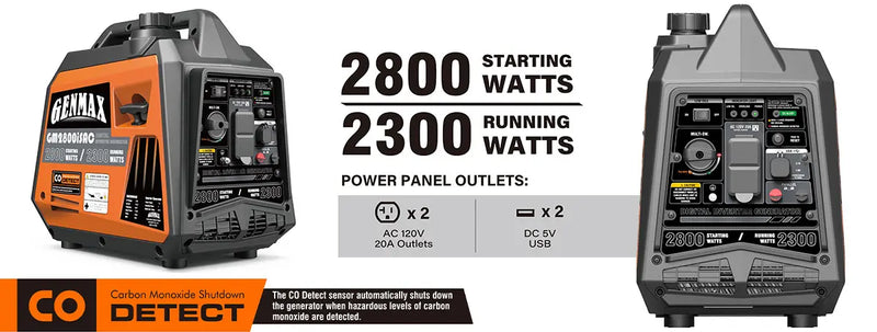 Generador inversor portátil Genmax GM2800iSAC de 2800 W, motor a gas ultrasilencioso, con sensor de CO y capacidad de conexión en paralelo