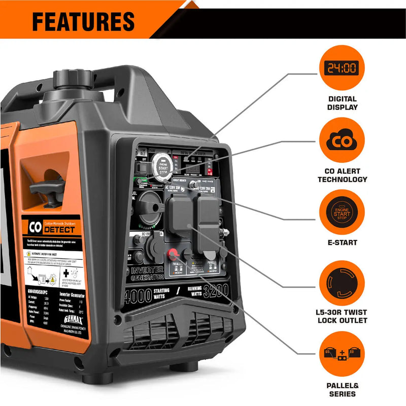 Generador inversor de gasolina de 4000 vatios con detección de CO GENMAX GM4000iSBEPC