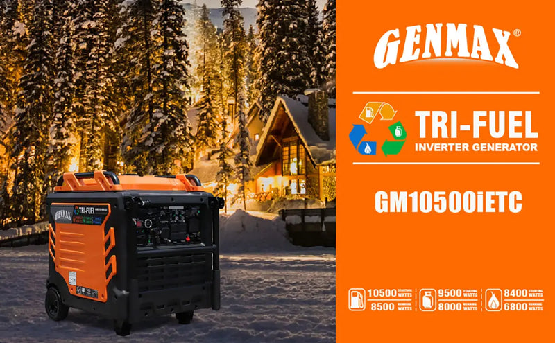 Genmax GM10500iETC Tri Fuel Inverter Generator,10500-Watt 458cc Tri Fuel Gasoline Propane Natural Gas Portable 50A Generator