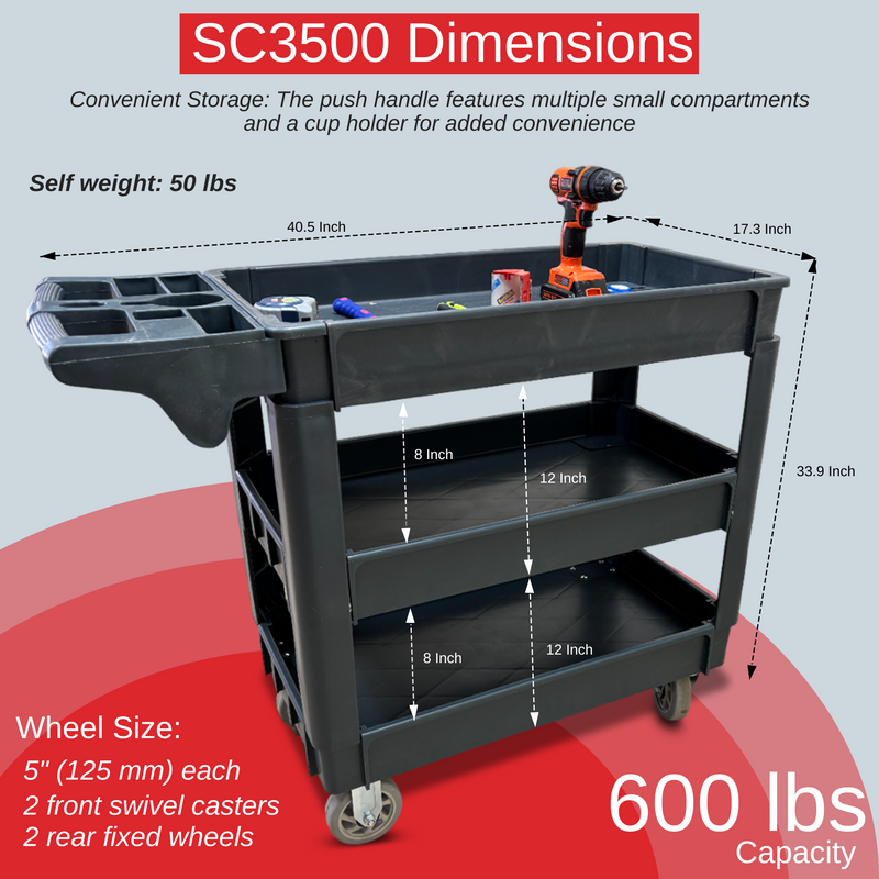 600 lbs Heavy Duty Plastic Rolling Utility Cart for Warehouse/Garage/Restaurants/Offices, HDPE Shelves, 5" Caster Wheels