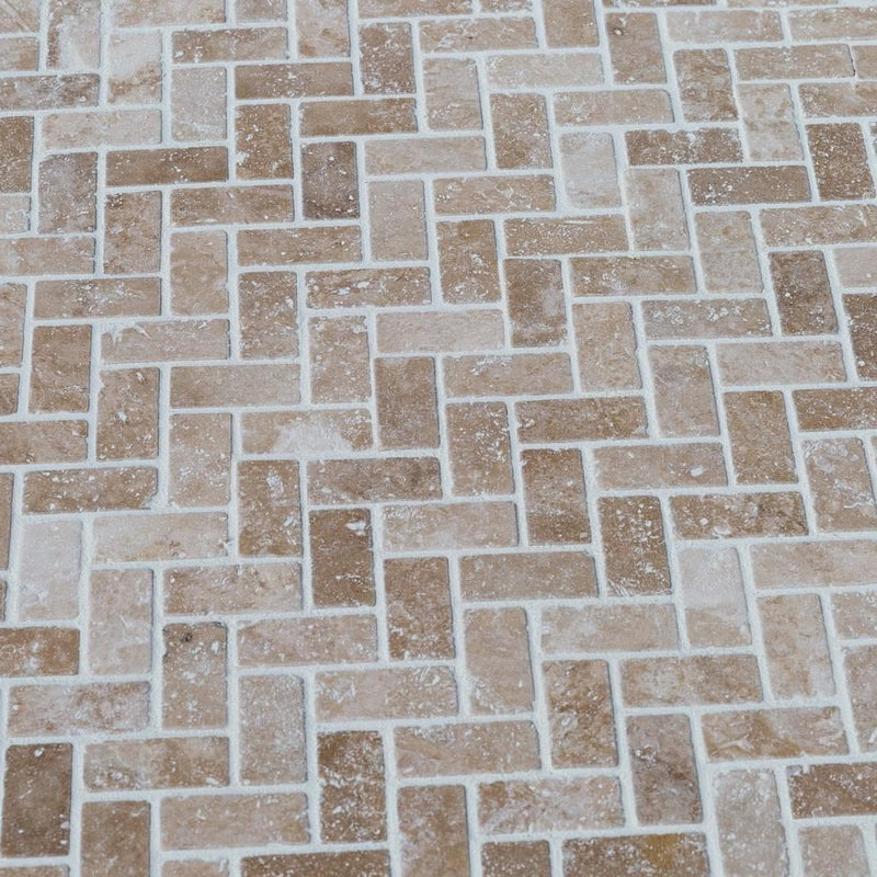 Medium Beige Travertine Tumbled Herringbone Mosaic Floor and Wall Tile - Livfloors Collection