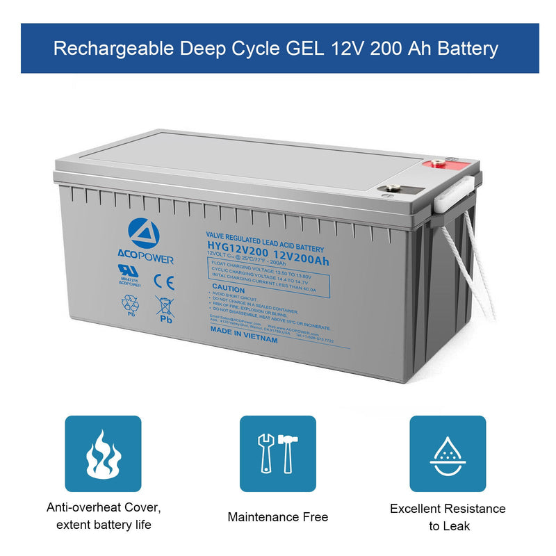 Acopower HYG12-200Ah Rechargeable Gel Deep Cycle 12V 200Ah Battery