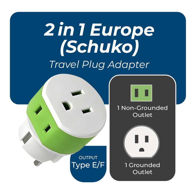 Adaptador de viaje para Alemania y Francia - 2 en 1 - Tipo E/F - Diseño compacto (US-9)