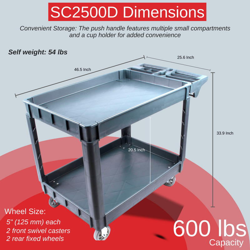 600 lbs Heavy Duty Plastic Rolling Utility Cart for Warehouse/Garage/Restaurants/Offices, HDPE Shelves, 5" Caster Wheels