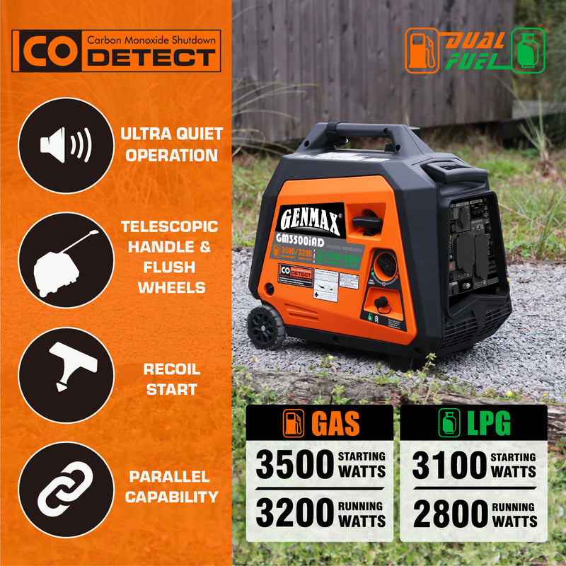 Genmax GM3500iAD Portable Inverter Generator, 3500W Super Quiet Gas or Propane Powered Engine with Parallel Capability