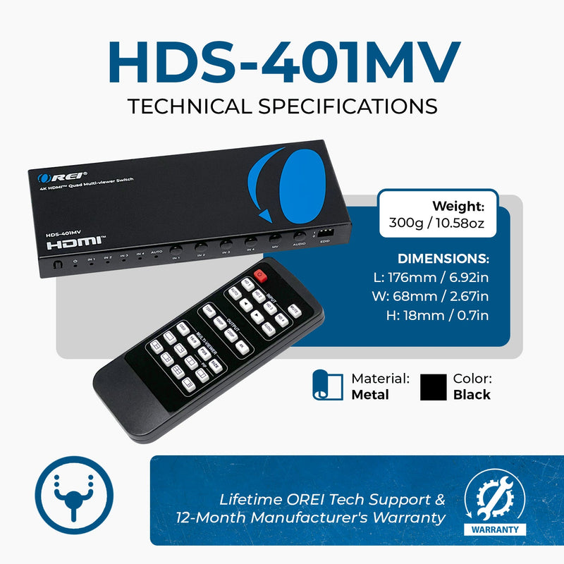 4K 4x1 HDMI Multi-Viewer / Switch - 1080p, 1:4 Splitter Function, US Plug