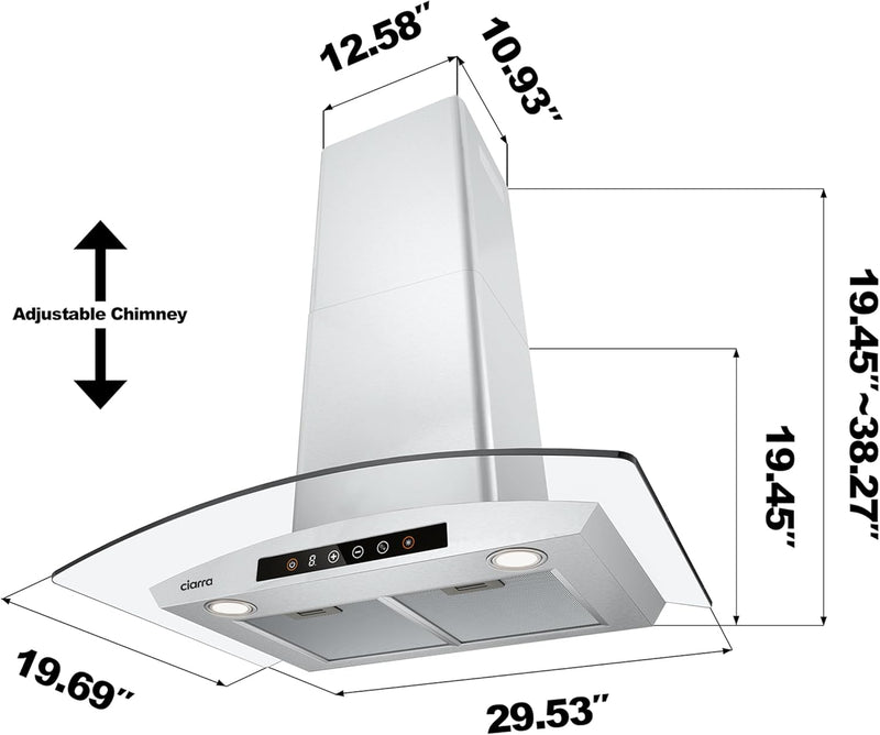 Campana extractora inteligente de pared CIARRA de 30 pulgadas con control por voz de Alexa y Google Home CAS75502W-OW