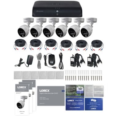 Sistema DVR con cable de 2 TB con capacidad para 8 cámaras y 8 MP de 4K Lorex D87182B-8DA6-E con 6 cámaras tipo bala disuasorias con cable de 4K para exteriores, color blanco, D87182B-8DA6-E