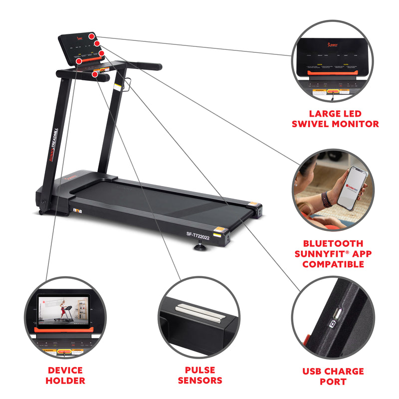 Sunny Health & Fitness Interactive Slim Auto Incline Treadmill with Bluetooth – SF-T722022