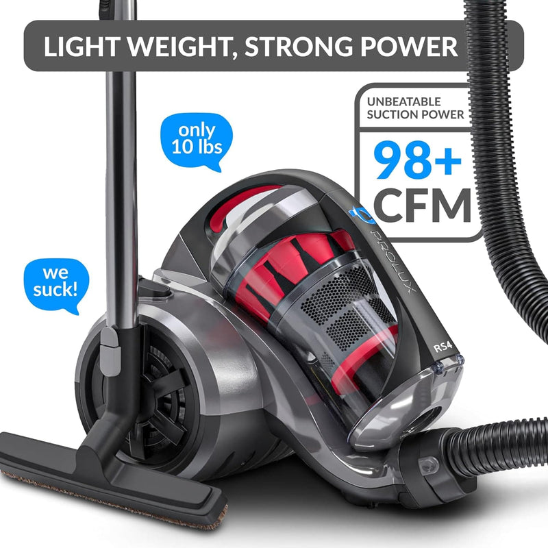 Prolux RS4 Lightweight Bagless Canister Vacuum with HEPA Filtration Premium Button Lock Tools and Automatic Cord Rewind