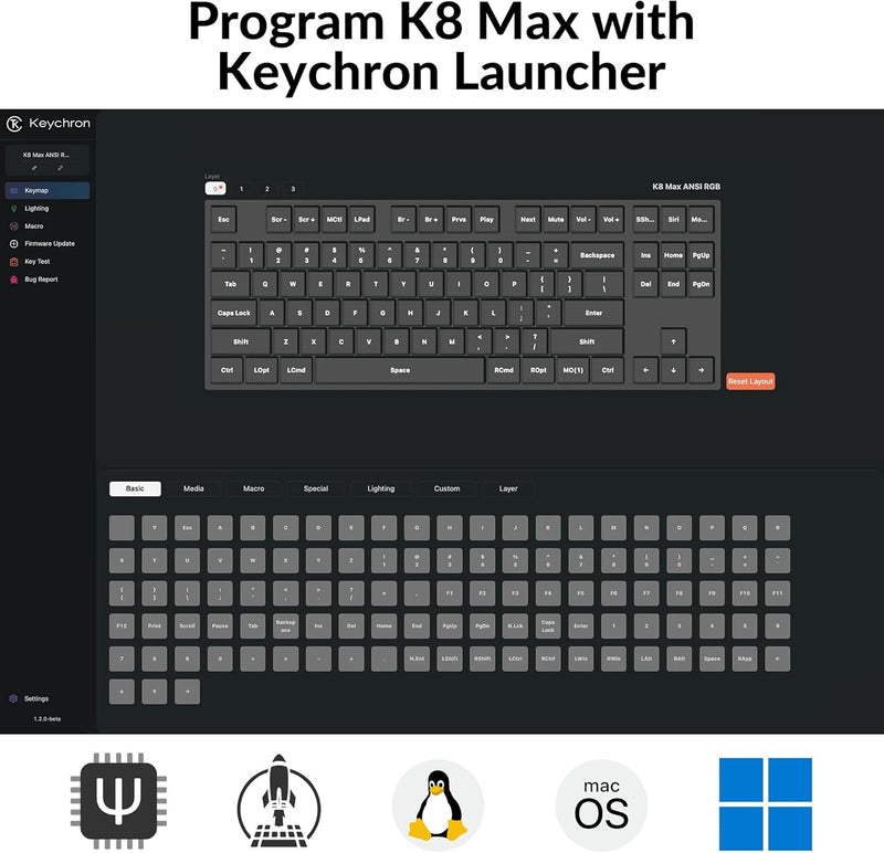 Teclado Keychron K8 Max con retroiluminación RGB intercambiable, interruptores rojos de aluminio - Negro