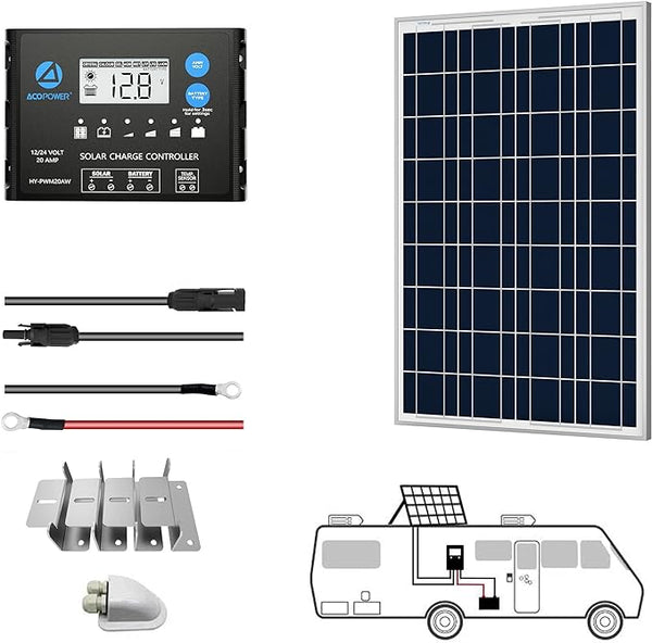 ACOPOWER 100W 12V Poly Solar RV Kits, 20A PWM Charge Controller