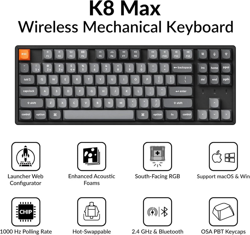 Teclado Keychron K8 Max con retroiluminación RGB intercambiable, interruptores rojos de aluminio - Negro