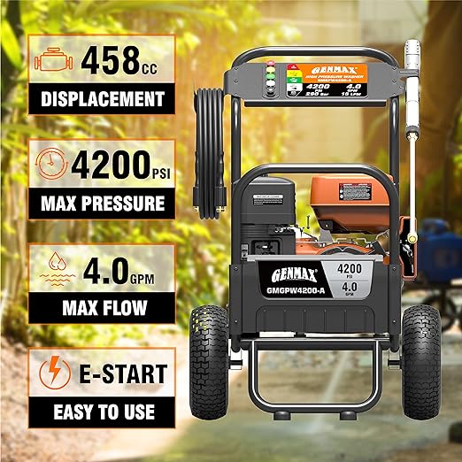 Hidrolavadora a gas Genmax GMGPW4200-A de 4200 PSI y 4 GPM con arranque eléctrico, 5 boquillas QC, pistola rociadora y manguera de 3/8 de pulgada x 50 pies