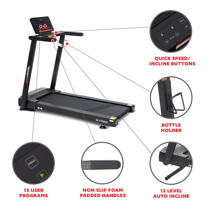 Cinta de correr interactiva Sunny Health &amp; Fitness con inclinación automática y Bluetooth – SF-T722022