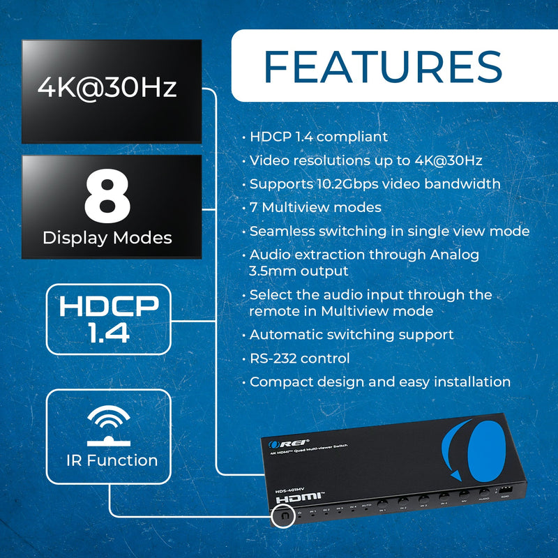 Conmutador HDMI 4x1 multivisor Ultra HD 4K con salida VGA (HDS-401MV)