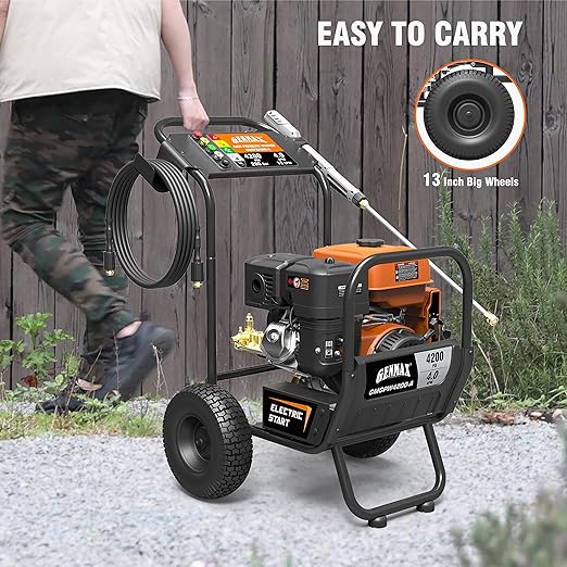 Hidrolavadora a gas Genmax GMGPW4200-A de 4200 PSI y 4 GPM con arranque eléctrico, 5 boquillas QC, pistola rociadora y manguera de 3/8 de pulgada x 50 pies