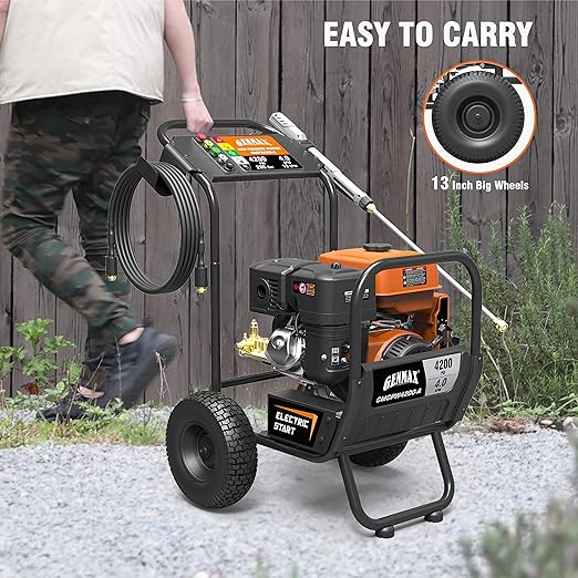 Genmax GMGPW4200-A 4200 PSI and 4 GPM Gas Pressure Washer with Electric-Start, 5 QC Nozzle Tips, Spray Gun and 3/8-inch x 50-Foot Hose