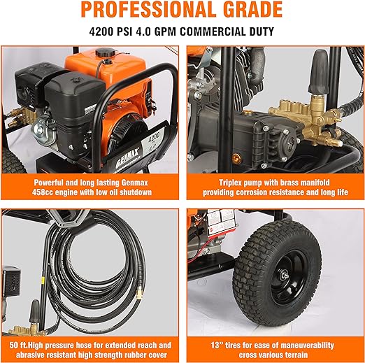 Hidrolavadora a gas Genmax GMGPW4200-A de 4200 PSI y 4 GPM con arranque eléctrico, 5 boquillas QC, pistola rociadora y manguera de 3/8 de pulgada x 50 pies