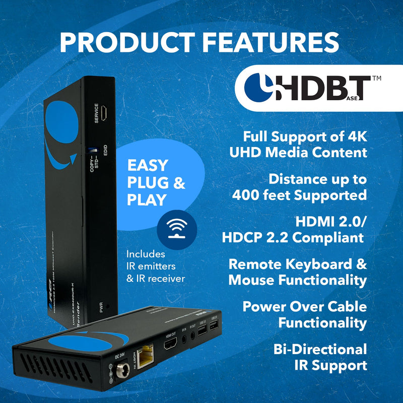 Extensor HDMI con HDBaseT sobre CAT5e/6/7 hasta 122 m - Control por infrarrojos, teclado y ratón a través de la red (UHD-EXB400UR-K) 
