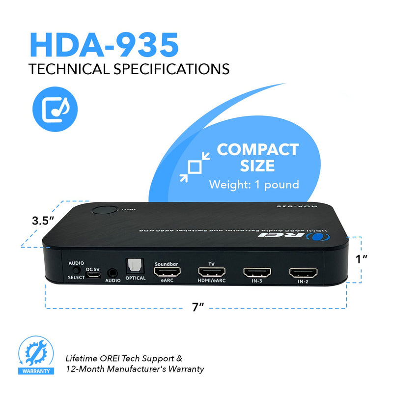 Extractor de audio dual HDMI eARC 4K a 60 Hz con puerto óptico y conector de 3,5 mm, ancho de banda de 18 Gbps (HDA-935) 