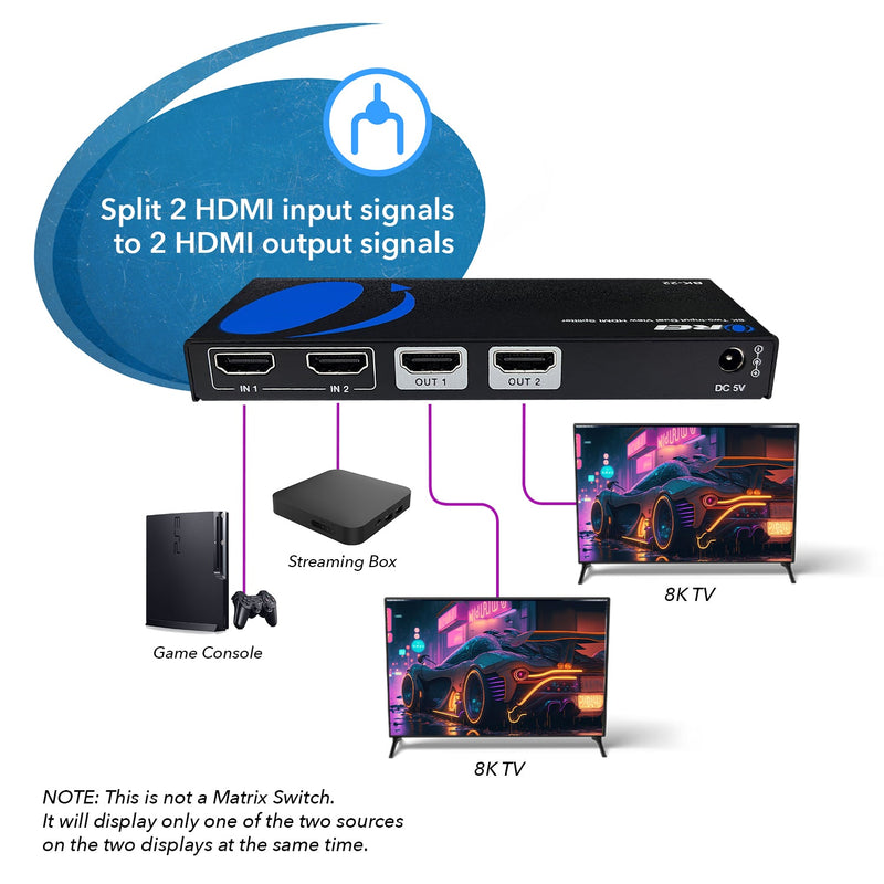 Divisor HDMI UltraHD 8K 2x2: 2 entradas, 2 salidas, EDID (BK-22) 