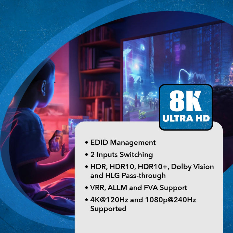 Divisor HDMI UltraHD 8K 2x2: 2 entradas, 2 salidas, EDID (BK-22) 