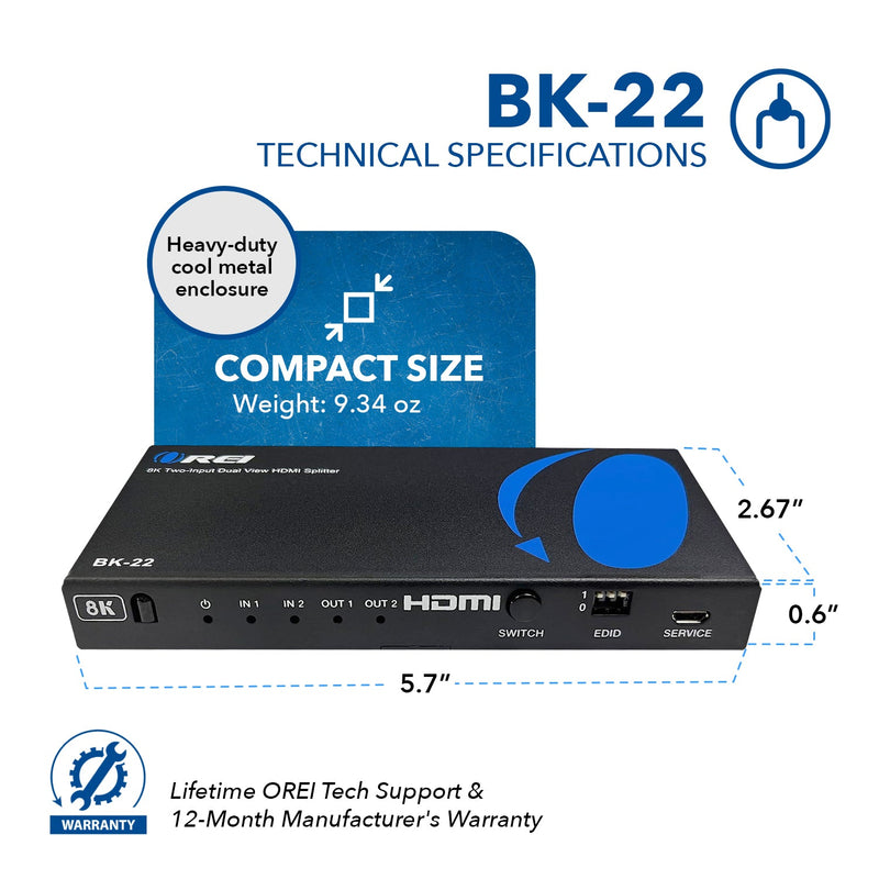Divisor HDMI UltraHD 8K 2x2: 2 entradas, 2 salidas, EDID (BK-22) 