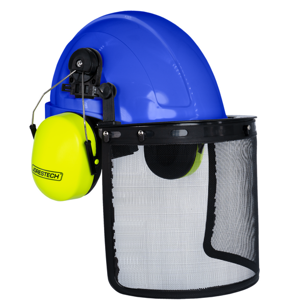 Cap Style Hard Hat with Mountable Lime Earmuffs and Mesh Face Shield