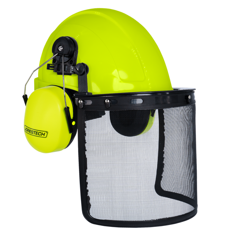 Cap Style Hard Hat with Mountable Lime Earmuffs and Mesh Face Shield