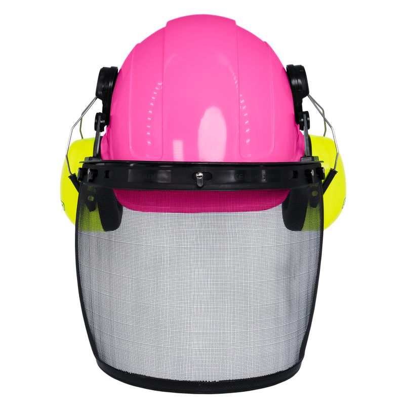 Cap Style Hard Hat with Mountable Lime Earmuffs and Mesh Face Shield