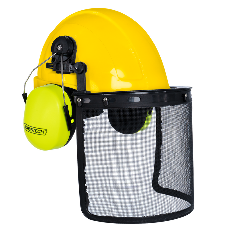 Cap Style Hard Hat with Mountable Lime Earmuffs and Mesh Face Shield