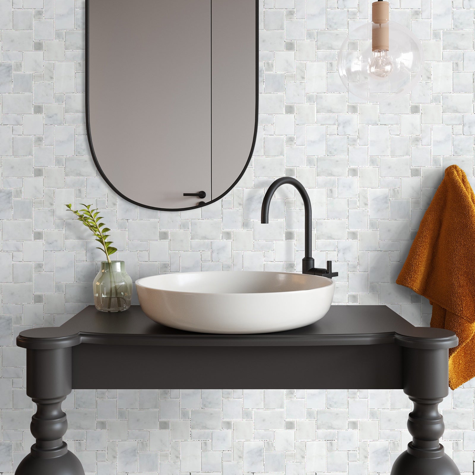 Carrara White Mini Versailles Pattern Mosaic Floor and Wall Tile - Liv