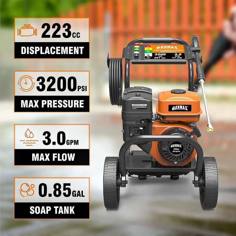 Hidrolavadora a gas Genmax GMGPW3200-B de 3200 PSI y 3 GPM, 5 boquillas QC y tanque de jabón incorporado