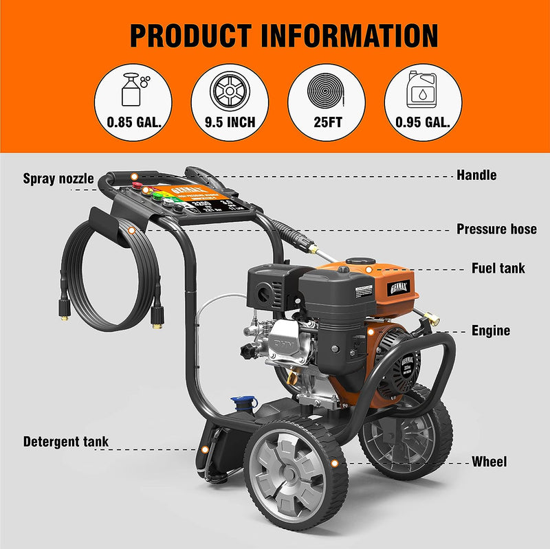 Hidrolavadora a gas Genmax GMGPW3200-B de 3200 PSI y 3 GPM, 5 boquillas QC y tanque de jabón incorporado