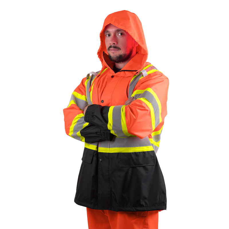 Hi Vis Two Tone Safety Rain Jacket With X Reflective Stripes