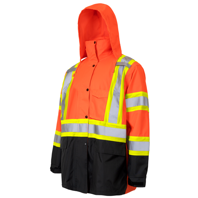 Hi Vis Two Tone Safety Rain Jacket With X Reflective Stripes