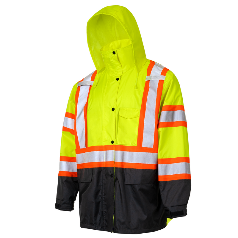 Hi Vis Two Tone Safety Rain Jacket With X Reflective Stripes