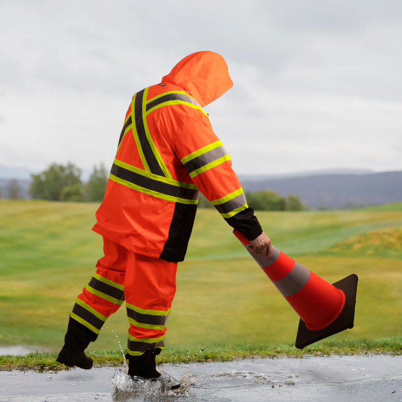 Two Tone High Vis Safety Rain Jacket And Pants Set With X On The Back