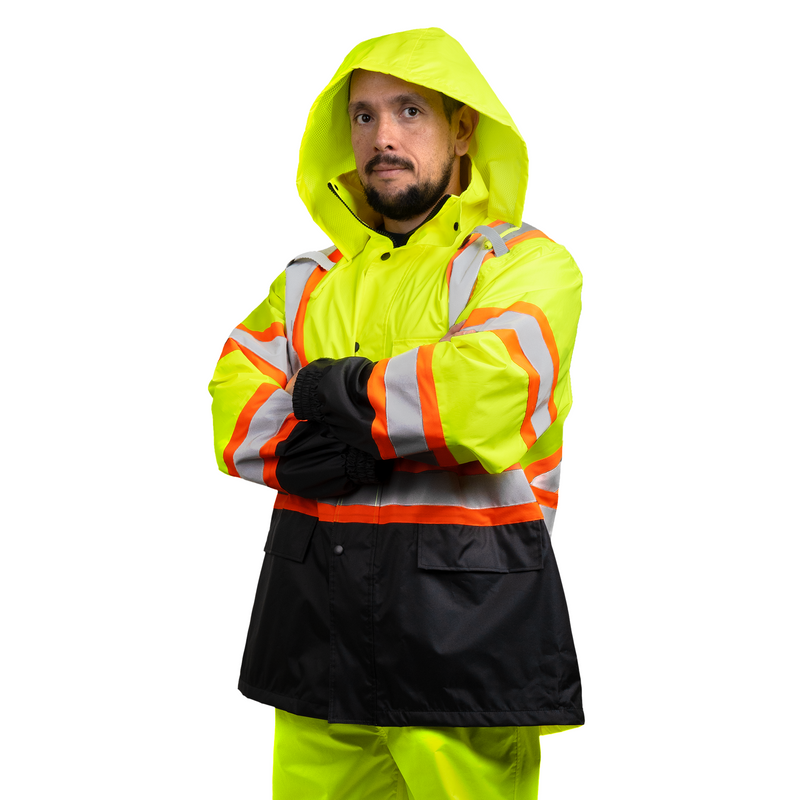 Hi Vis Two Tone Safety Rain Jacket With X Reflective Stripes