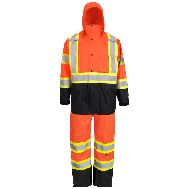 Two Tone High Vis Safety Rain Jacket And Pants Set With X On The Back
